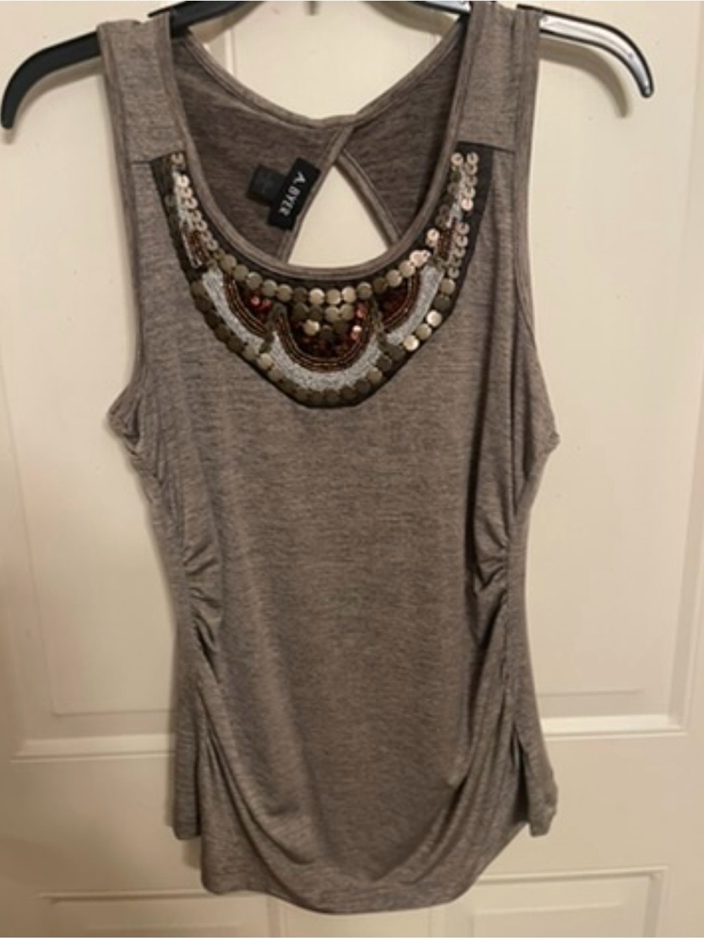 Taupe Embellished Sleeveless Tank Top with Sequin Neckline new